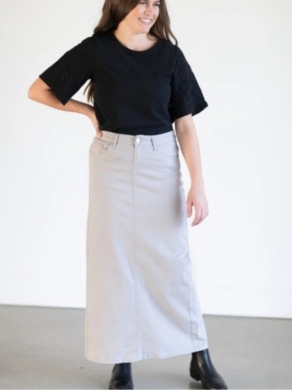 J. Jill 100% Linen Midi Skirt Women’s Size 8 Light Grey Natural Straight Euc